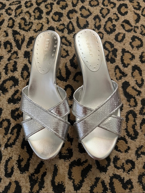 BCBGirls Shoes - BCBGirls Metallic Silver Crisscross Slide Mules